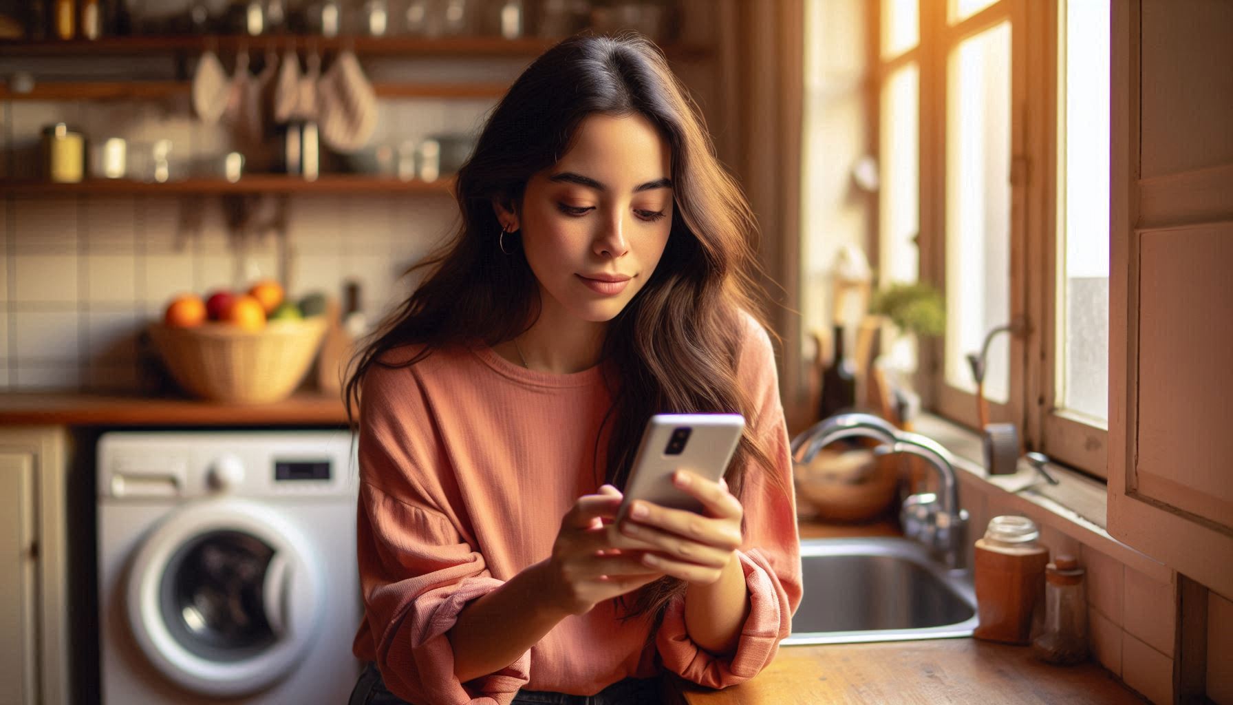 Mujer revisando celular en su hogar en Santiago mientras recuerda el mantenimiento de su lavadora gracias a redes sociales. Servicios técnicos domiciliarios en Chile.