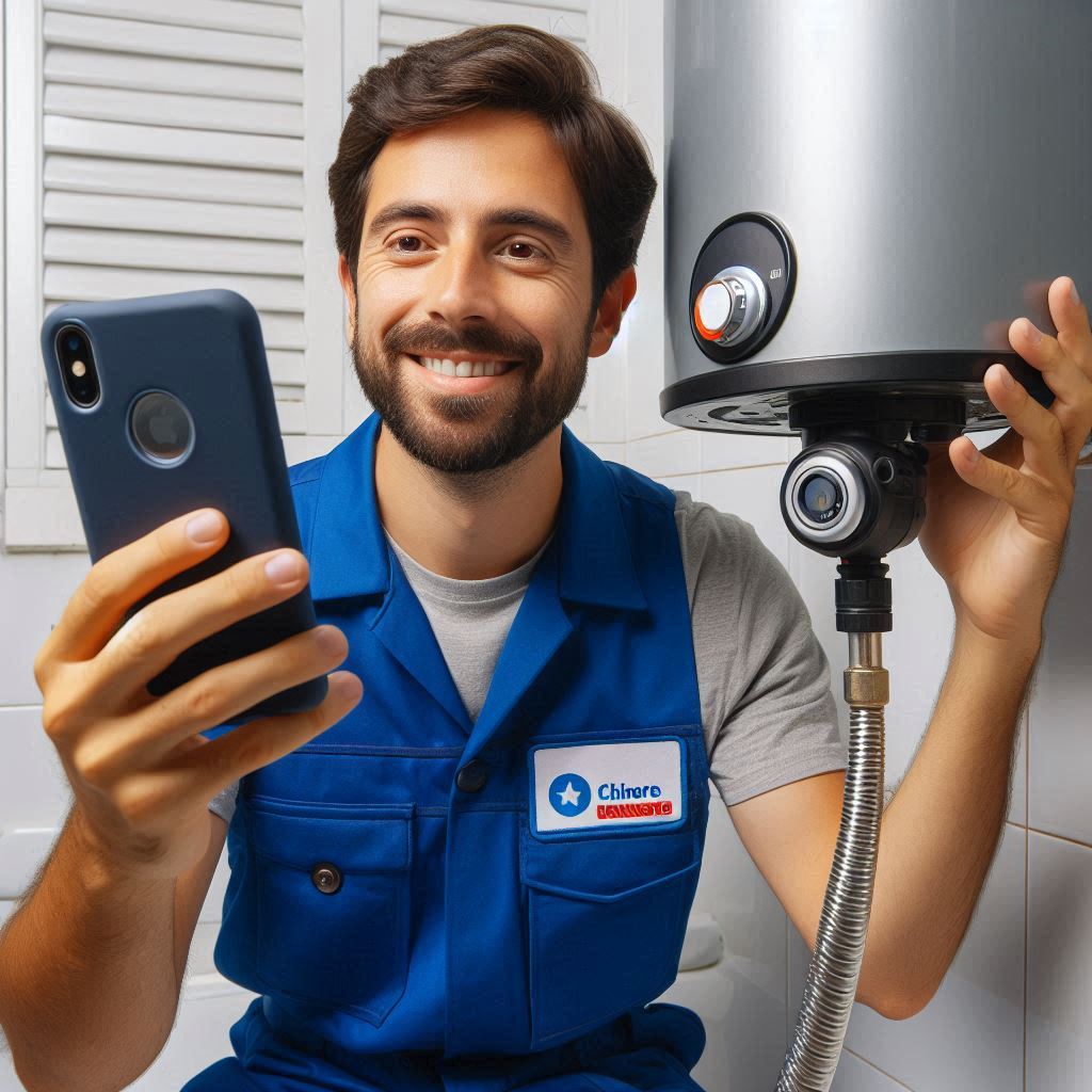 Técnico gasfitero en Santiago grabando su trabajo en calefón para redes sociales. Servicio profesional a domicilio en la Región Metropolitana.