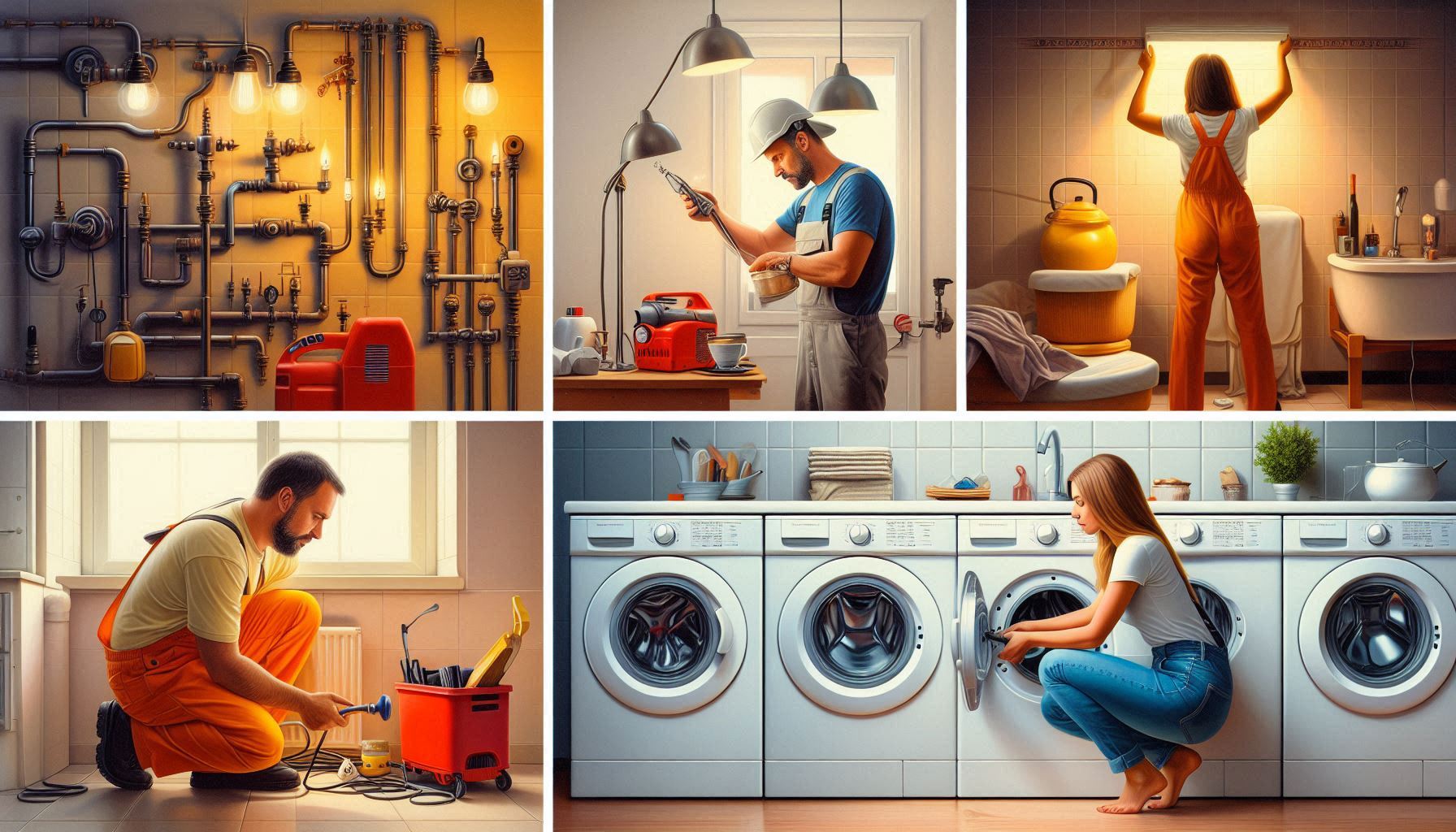 Collage de servicios técnicos en Santiago: reparación de cañerías, instalación de lámparas, limpieza de lavadora y arreglo de enchufes. Mantenimiento integral del hogar.