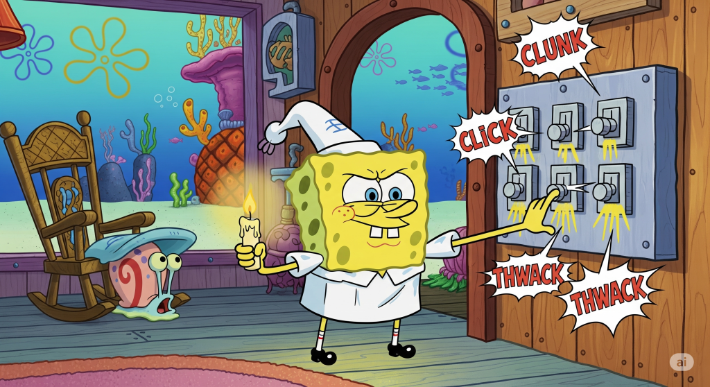 Bob Esponja en bata apagando interruptores de luz en su casa de piña, sosteniendo una vela para iluminarse.