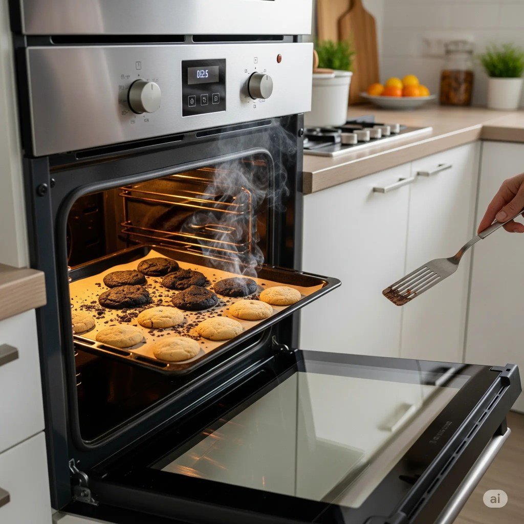 Horno abierto con bandeja de galletas mal cocidas: unas quemadas, otras crudas.