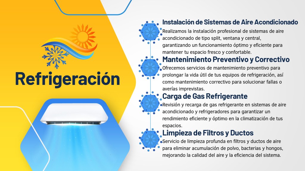 Servicio de Instalación de Sistemas de Aire Acondicionado (split, ventana o central). Mantenimiento preventivo, correctivo y carga de gas refrigerante para equipos de climatización.