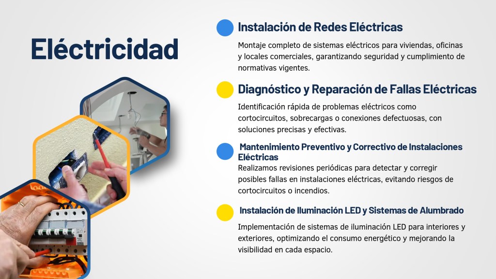 Imágenes de servicios eléctricos: Instalación de luminaria LED, diagnóstico de fallas y trabajo en el panel eléctrico. Incluye Montaje de Redes Eléctricas y Reparación de Cortocircuitos y Sobrecargas