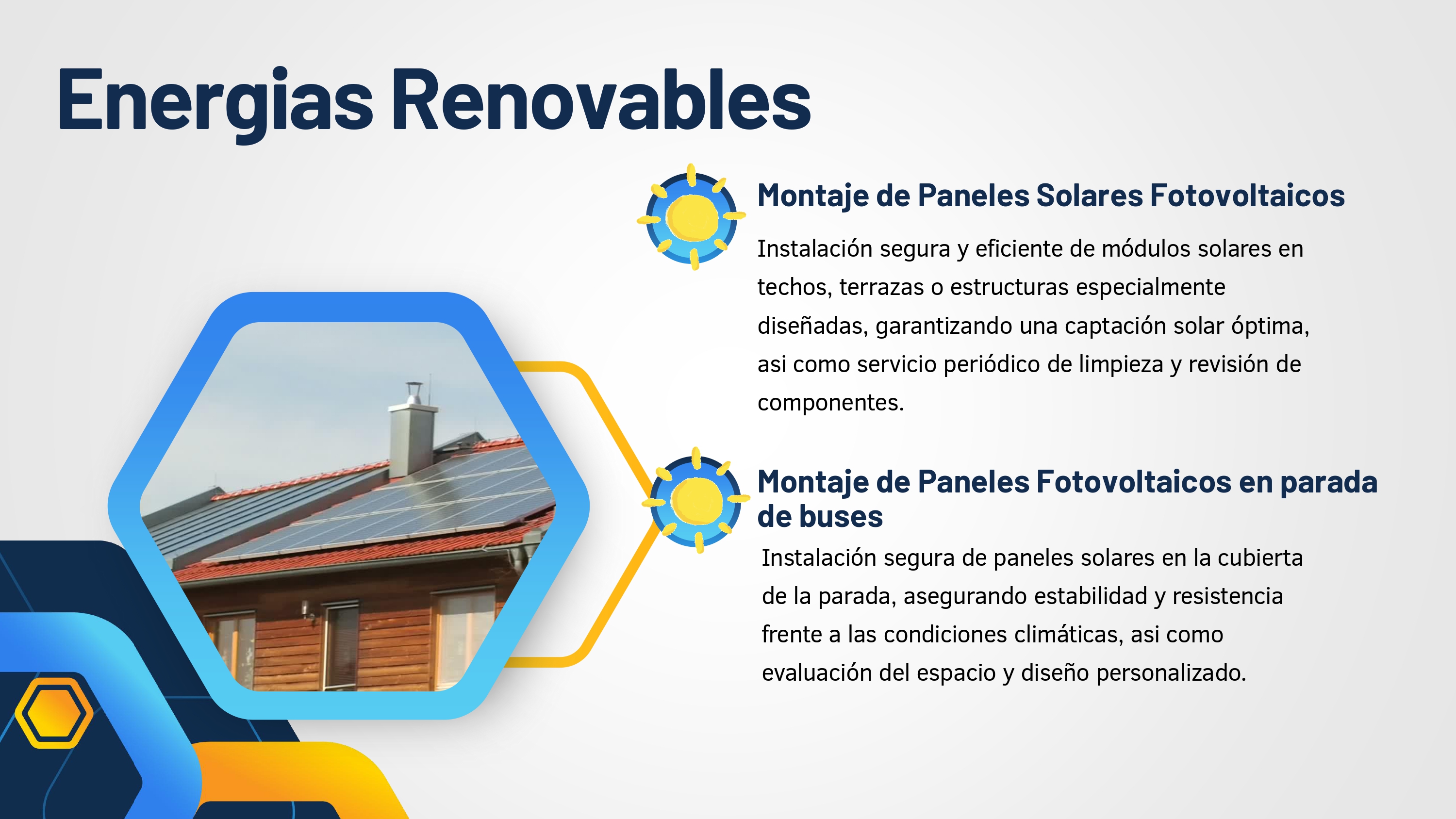 Montaje seguro y eficiente de Paneles Solares Fotovoltaicos en techos o estructuras, servicio de Energías Renovables que garantiza captación solar óptima y mantenimiento periódico.