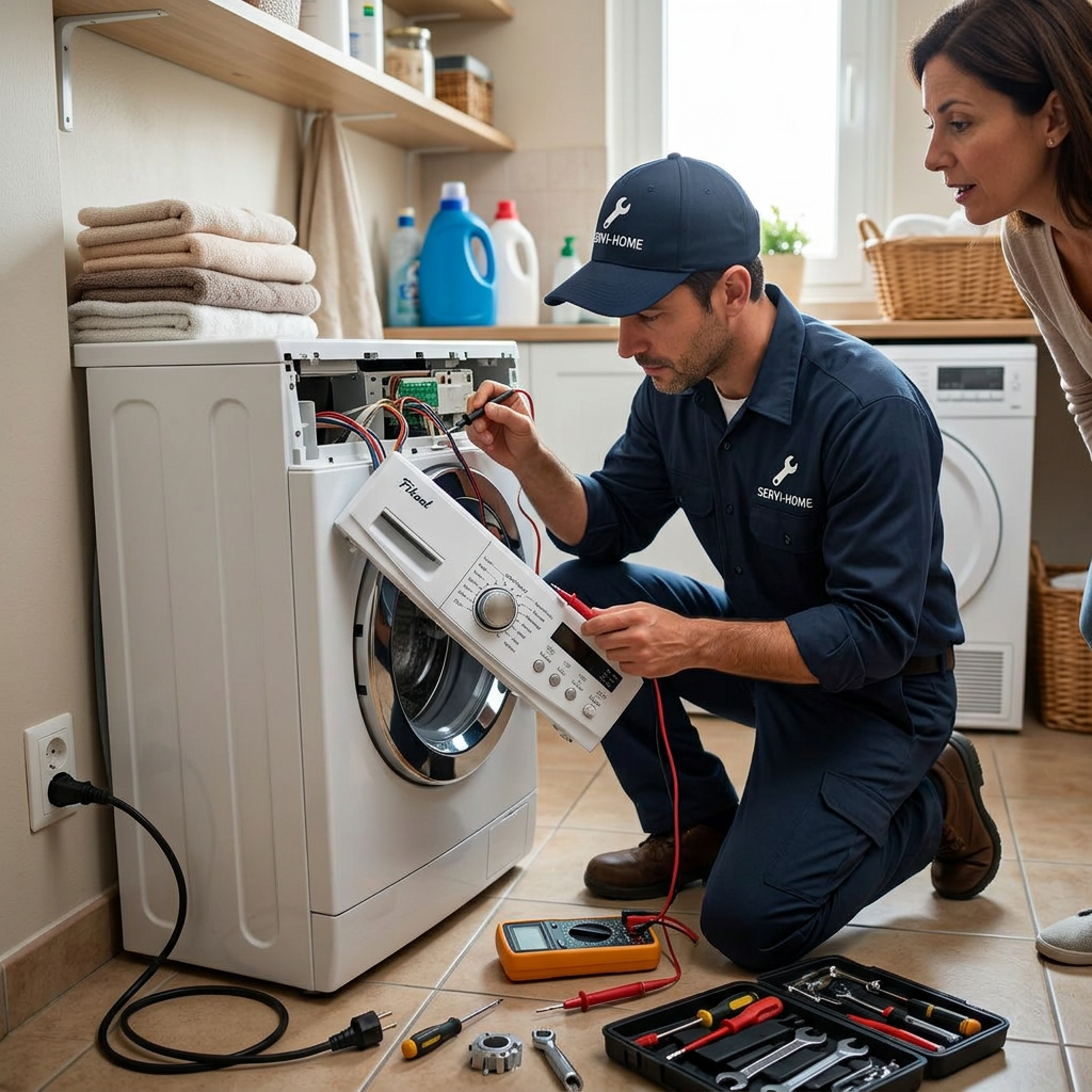 Technician inspecting and repairing the control panel of a washing machine in a laundry room