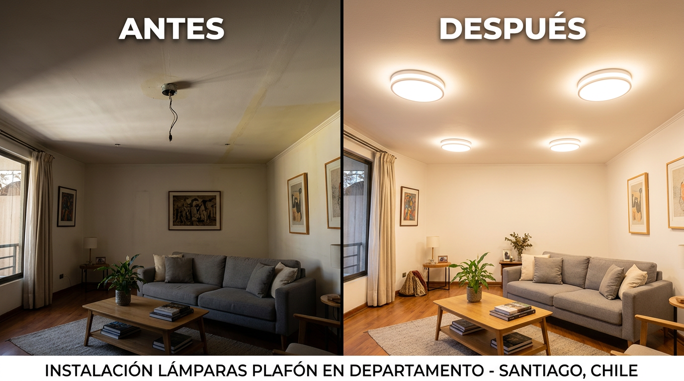 Split image of a living room before and after installing ceiling lights, showing a darker room on the left and a brightly lit room on the right.